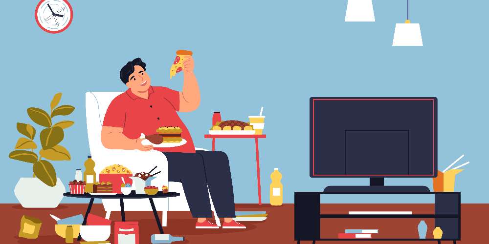 a man with too many junk foods around him