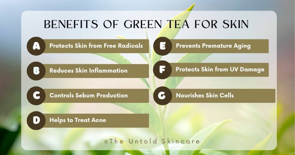 a list of 7 benefits of green tea for skin