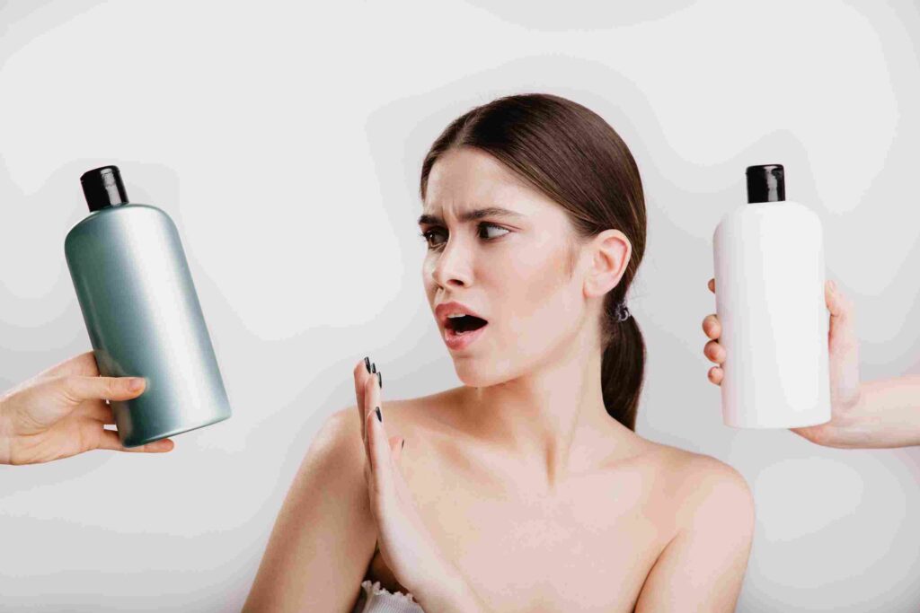 a girl saying no to harsh skincare products